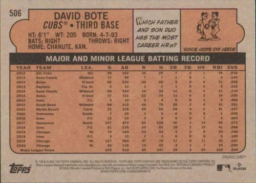 Vista 2 de 2021 Topps Heritage High Number #506 David Bote Chicago Cubs Baseball Card