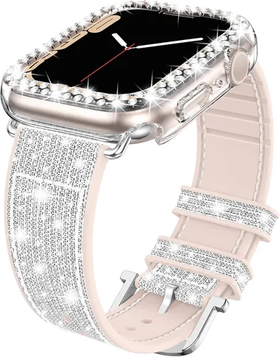 Vista 9 de Goton Bling - Correa de silicona brillante compatible con Apple Watch de 1.772 pulgadas (45mm) con protector de borde [sin vidrio], correa que