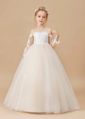 Vista 2 de Melinda - Vestidos de flores para niñas, apliques de encaje, tul de manga larga, vestido largo de princesa para boda, concurso