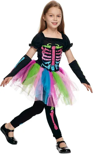 Vista 8 de Snailify Disfraz de calavera colorida para niñas, bonito vestido de Halloween para fiesta de cosplay