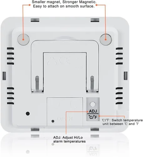 Vista 4 de Termómetro digital para nevera con soporte magnético y soporte calibrado para congelador con alarma LED, memoria máxima/mínima, rango de -58°F a