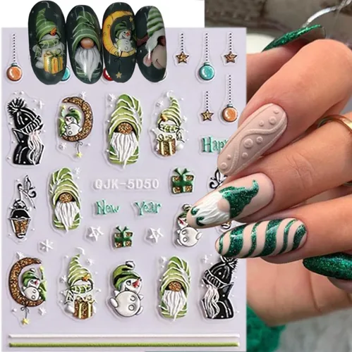 Vista 3 de Calcomanías de arte de uñas de Navidad 5D en relieve autoadhesivas para arte de uñas, lindos gnomos de Papá Noel, muñeco de nieve, árbol de Navidad
