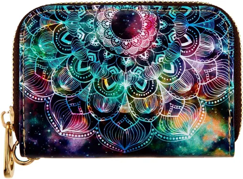 Vista 4 de AIRMORS Tarjetero para mujer con cremallera de cuero con cierre RFID bloqueo llavero (AA Mandala in the Galaxy)