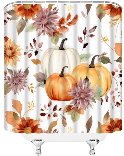 Vista 3 de Cortina de ducha de calabaza bohemia con acuarela, hojas florales, rústico, otoño, cosecha, granja, temporada, decoración de baño, juegos de baño