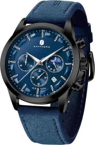 Vista 17 de SAPPHERO Relojes para hombre, cronógrafo, de acero inoxidable, impermeable, cuarzo, para negocios, casual, reloj de vestir para hombre, fecha Negro