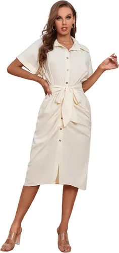 Vista 6 de LYANER Vestido midi de manga corta fruncido con cuello abotonado para mujer
