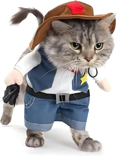 Vista 11 de NACOCO Disfraz de vaquero de Halloween para perro, ropa para mascotas, disfraces con sombrero para perro y gato, color azul (S)