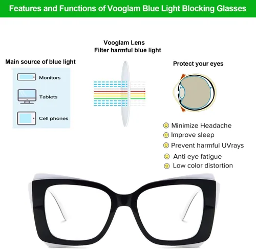 Vista 4 de VOOGLAM Gafas rectangulares de gran tamaño con bloqueo de luz azul para mujer, anti fatiga ocular UV Cheyenne