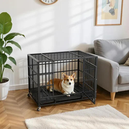 Vista 9 de VOWNER Jaula para perros indestructible de 38 pulgadas, resistente a prueba de escapes, con 4 ruedas bloqueables, jaula para perros de alta ansiedad