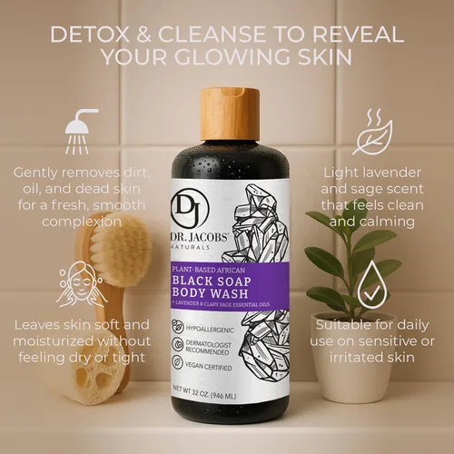 Vista 4 de Dr Jacobs Naturals Auténtico jabón líquido negro africano con aroma a lavanda y salvia, lavado facial todo en uno, lavado corporal para piel