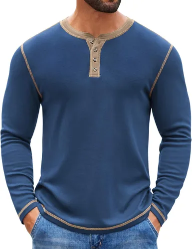 Vista 13 de COOFANDY - Camisetas Henley para hombre, manga larga, con botones, estilo casual, de pullover, suaves, elásticas, tops de camiseta