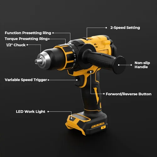 Vista 14 de Taladro de Martillo Inalámbrico Compatible con Batería Dewalt 20V MAX (Sin Batería) Taladro Sin Escobillas de 20V, Taladro Inalámbrico de 1/2