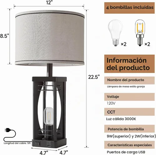 Vista 7 de SRJJA Juego de 2 lámparas de mesa de granja para sala de estar, lámparas rústicas de mesita de noche con puertos de carga USB A+C, lámpara de noche