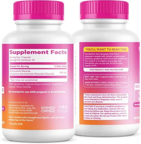 Vista 9 de Pink Stork NAD+ Suplemento para mujeres mayores de 30, 30 cápsulas 500 mg Nicotinamide Riboside NR, Clinically Studied Pure NMN Powder, Brain