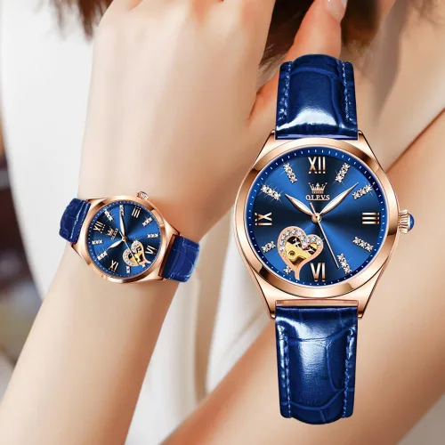 Vista 6 de OLEVS Reloj mecánico automático para mujer, correa de cuero, cuerda automática, reloj de pulsera para mujer, esfera de corazón de diamante