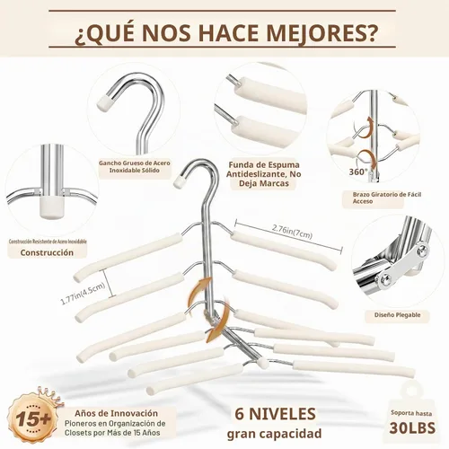 Vista 4 de Perchas de ropa que ahorran espacio, 6 niveles antideslizantes para camisas Beige