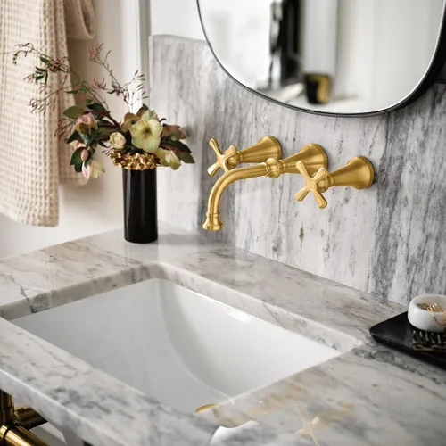 Vista 7 de Moen Colinet Oro Cepillado - Llave de baño tradicional de arco alto, de dos mandos, con mangos cruzados, requiere válvula, TS44103BG