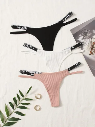 Vista 5 de SHENHE Ropa interior con estampado de letras de talle bajo para mujer, 3 paquetes de tangas