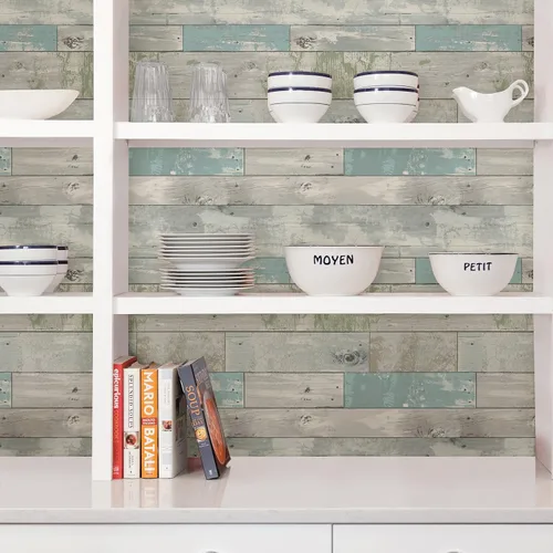 Vista 6 de NuWallpaper Beachwood - Papel tapiz autoadhesivo de madera envejecida multicolor extraíble para paredes, revestimiento de pared autoadhesivo