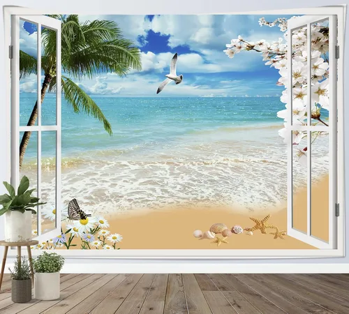 Vista 9 de HVEST Tapiz de playa para colgar en la pared, paisaje tropical azul océano, tapiz natural para dormitorio, palmera verde con cielo azul, nube