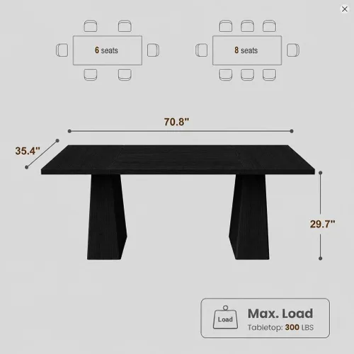 Vista 2 de 71 Inch Rectangular Dining Table, Wooden Kitchen Table with Sturdy Heavy Duty Legs, Modern Dining Room Furniture for 6-8 People Family Use