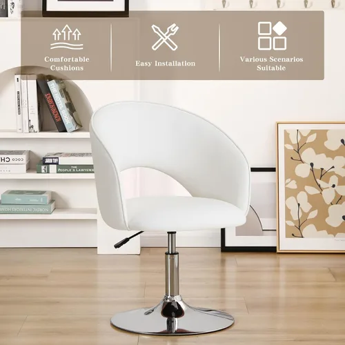 Vista 5 de Furnimart Silla de Tocador de Cuero Blanco, Taburete de Tocador con Altura Ajustable, Silla Giratoria con Respaldo, Silla Redonda de Maquillaje