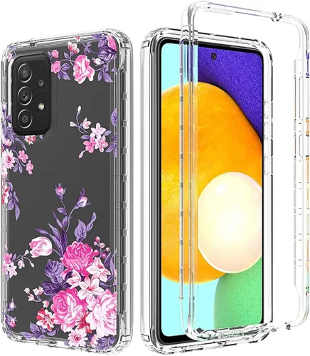 Vista 6 de Funda para Galaxy A52 5G/4G/Galaxy A52S SM-A526 con protector de pantalla de vidrio templado, diseño floral a prueba de golpes, carcasa protectora