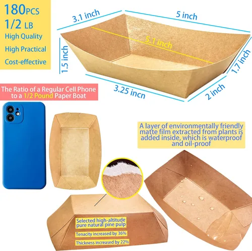 Vista 2 de Paquete de 180 bandejas desechables de papel kraft de 1/2 libra, pequeñas bandejas de papel ecológico para llevar, botes de servir alimentos, mini
