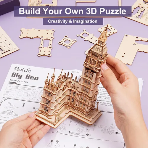 Vista 7 de Rolife Kit de modelo de rompecabezas de madera 3D para adultos para construir (aeronave y Big Ben)
