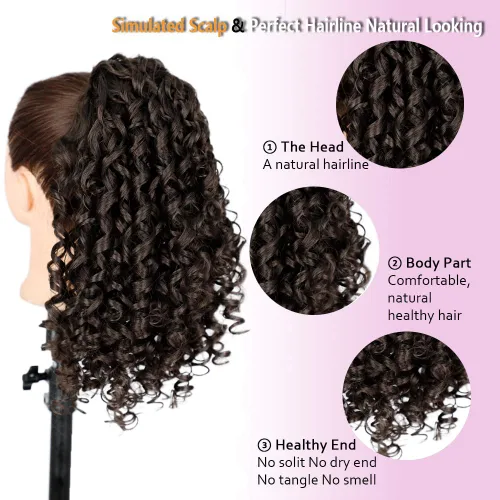 Vista 4 de AISI BEAUTY Extensión de cola de caballo rizada con cordón para mujeres negras, cola de caballo sintética rizada con cordón con 2 clips en colas