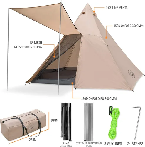 Vista 6 de KAZOO - Tienda de campaña familiar grande, impermeable, tipi, tiendas con habitación de 8 personas, tienda de tipi, armado instantáneo, Blanco sucio