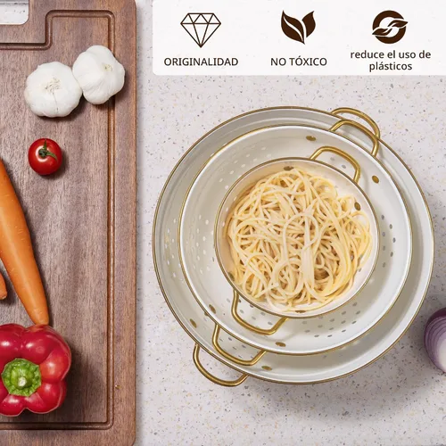 Vista 4 de Juego de 3 coladores de metal, cesta coladora con asas, perfecto para espaguetis, pasta, bayas, verduras, frutas, base sólida con recubrimiento