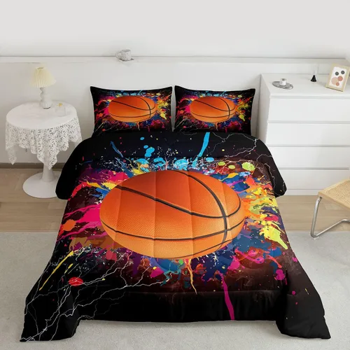 Vista 2 de Juego de ropa de cama de baloncesto para niños y adolescentes, juego de edredón deportivo para niños, tamaño matrimonial, suave, ligero, decoración