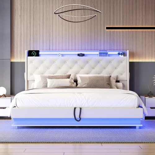 Vista 3 de Ailisite Cama de almacenamiento elevable de tamaño matrimonial, cama de plataforma tapizada con cabecera de almacenamiento con botones capitoné