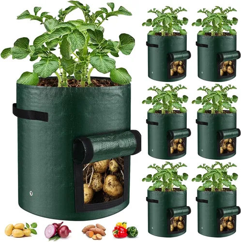 Vista 8 de Juego de 3 bolsas de cultivo de 10 galones, macetas de tela de polietileno resistentes con solapa y asas, bolsas de plantación verdes para papas