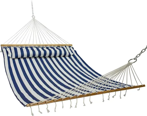 Vista 21 de Sunnydaze - Hamaca doble acolchada para exterior con almohada, toldo a Awning Stripe
