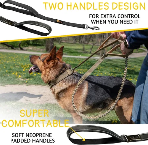 Vista 2 de ADITYNA - Correa elástica táctica para perro, 6-7.5 pies, perros medianos, grandes y XL Shock-absorbing bungee leash with 2 padded handles, metal