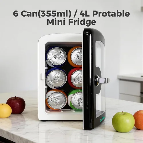 Vista 4 de Mini nevera, 4 litros/6 latas de cuidado de la piel con ventana de visualización (negro) Compact Mini Makeup Fridge for Beauty & Beverages