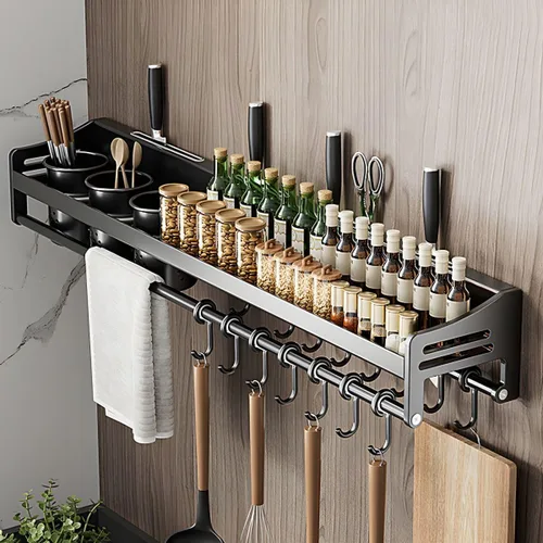 Vista 7 de Wall Stainless Steel Storage Rack Gray with Hooks Kitchen Wall-Mounted No Drilling Required, Multi-Functional Knife Kitchen Storage Stainless Steel