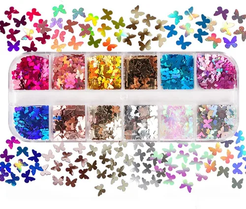Vista 4 de 12 rejillas holográficas de mariposa para arte de uñas, lentejuelas con purpurina láser 3D brillantes para diseño de uñas acrílicas, paillettes