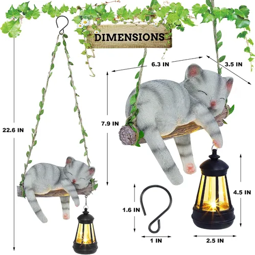 Vista 2 de Estatua de jardín con luz solar para exteriores, columpio colgante de 22.6 pulgadas de alto con un gato dormido y una linterna LED, figura de animal