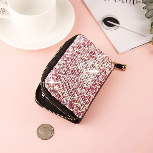 Vista 5 de AsAlways Funda con cremallera multicapa con diamantes de imitación RFID, cartera pequeña delgada para mujer, Rosado, Moderno
