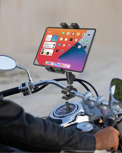 Vista 4 de Soporte para tableta de bicicleta, soporte para tableta de motocicleta con brazo de metal, abrazadera de bicicleta con ajuste de 360 grados