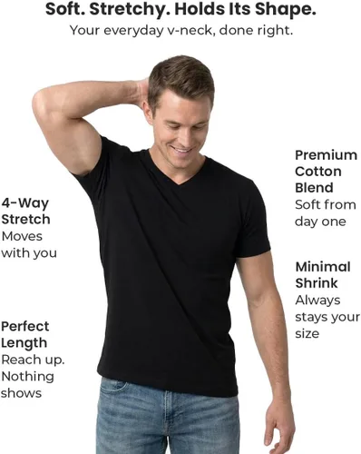 Vista 4 de Men's V-Neck T-Shirt Fitted Short Sleeve Soft Cotton Vneck Tees S-2XL Negro