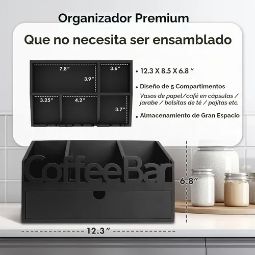 Vista 5 de Organizador de Barra de Café para Encimera - Estación Organizadora de Café de Madera, Organizador de Estación de Café para el Hogar & la Oficina