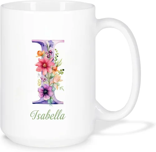 Vista 27 de Taza de café personalizada de la letra A del alfabeto, Taza de café blanca con nombre personalizado único, Taza inicial de monograma floral
