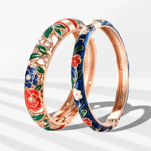 Vista 2 de UJOY Vintage Jewelry Cloisonne Artesanal Esmaltado Mariposa Flor Magnífica Rhinestone Oro Bisagra Brazalete Brazalete Brazaletes Regalos 88A09
