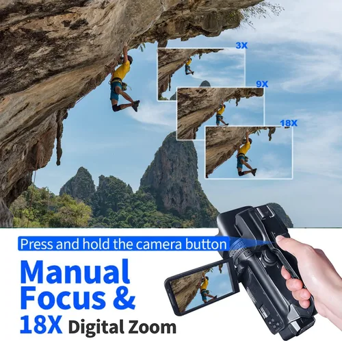 Vista 5 de Acuvar Videocámara 4K/6K – Cámara de vlogging de 64MP para YouTube, 60FPS, zoom 18X, WiFi, cámara web – Incluye micrófono, estabilizador, tarjeta