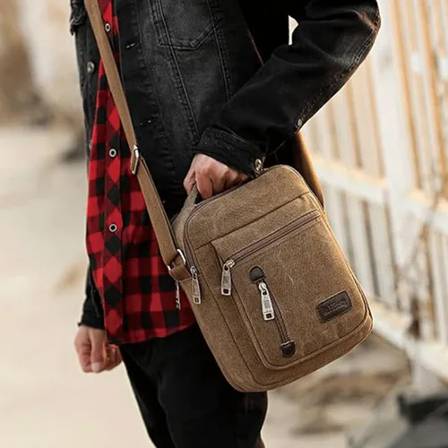 Vista 5 de Bolso bandolera para hombre, bolso cruzado de lona vintage, bolso de hombro, bolso pequeño para mujer, 8.8 x 11 x 3.5 pulgadas