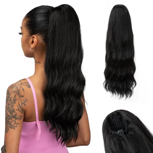 Vista 23 de Extensiones de cabello rizado con cordón para mujeres negras, 16 pulgadas de largo, sintético, afro, esponjoso, en capas, extensión de cola